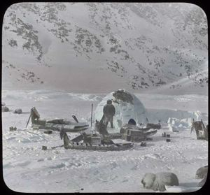 Image of Snow house and sledges at Cape Isabella